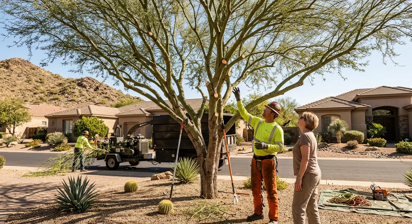 Wide view of a restored palo verde with balanced crown thinning on a residential lot