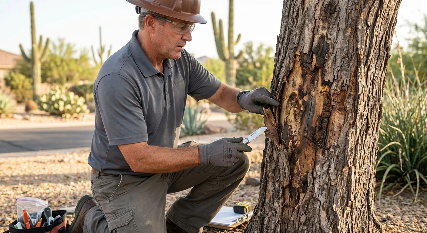 Technician examining fungal canker and bark damage on a shade tree trunk