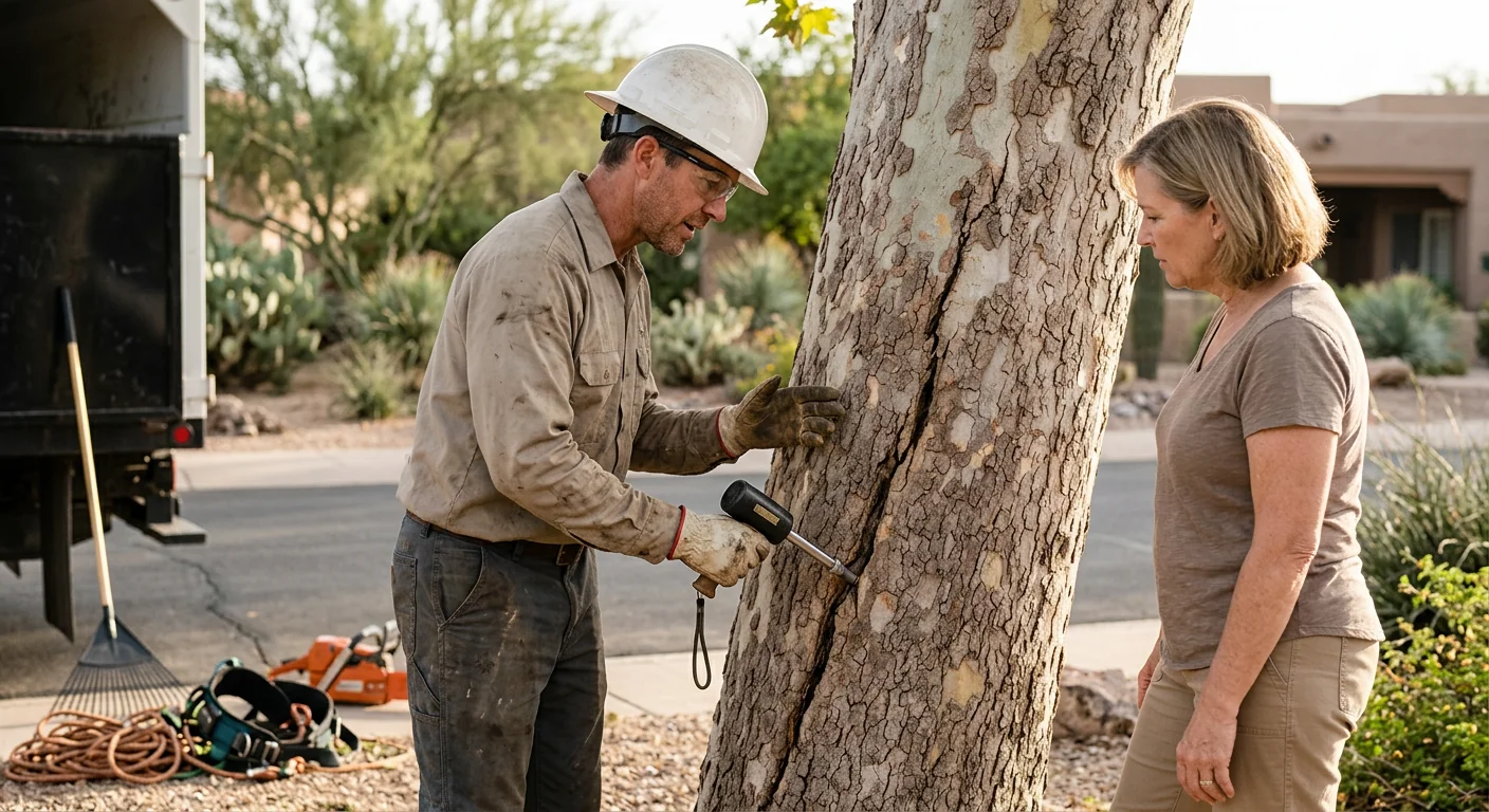 Arborist performing corrective pruning on a stressed residential tree
