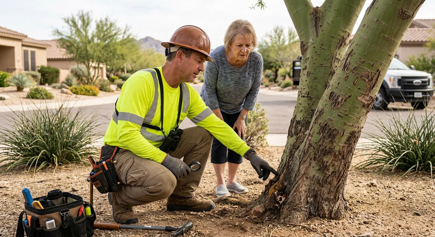 Arborist planting a young desert tree in a prepared Fountain Hills yard