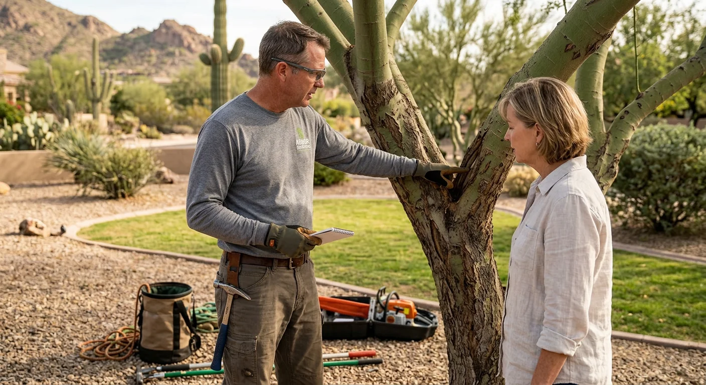 Arborist positioning a young desert tree with proper root flare on a Fountain Hills property