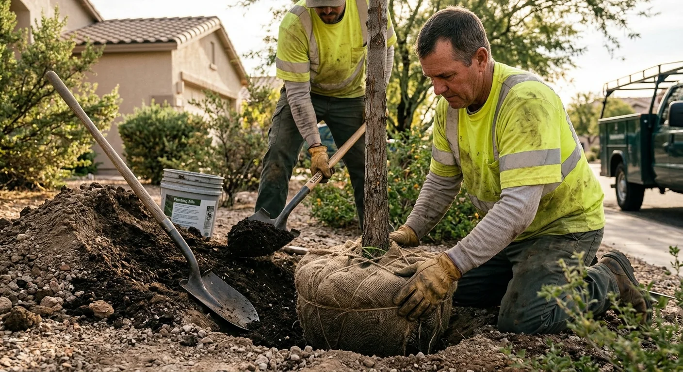 Close-up of root ball placement into an amended planting pit