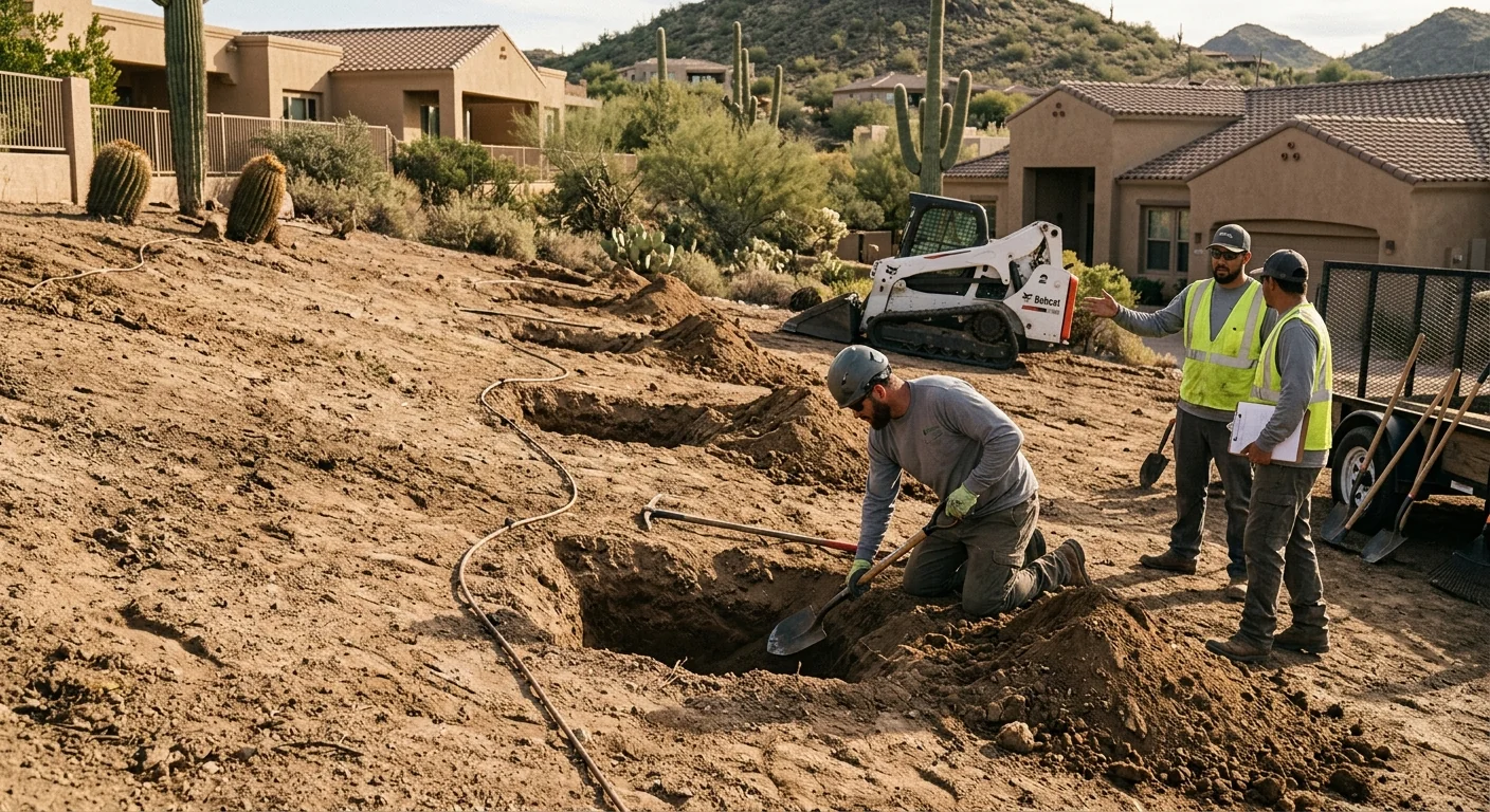 Wide shot of sloped hillside lot prepared for multiple tree installations