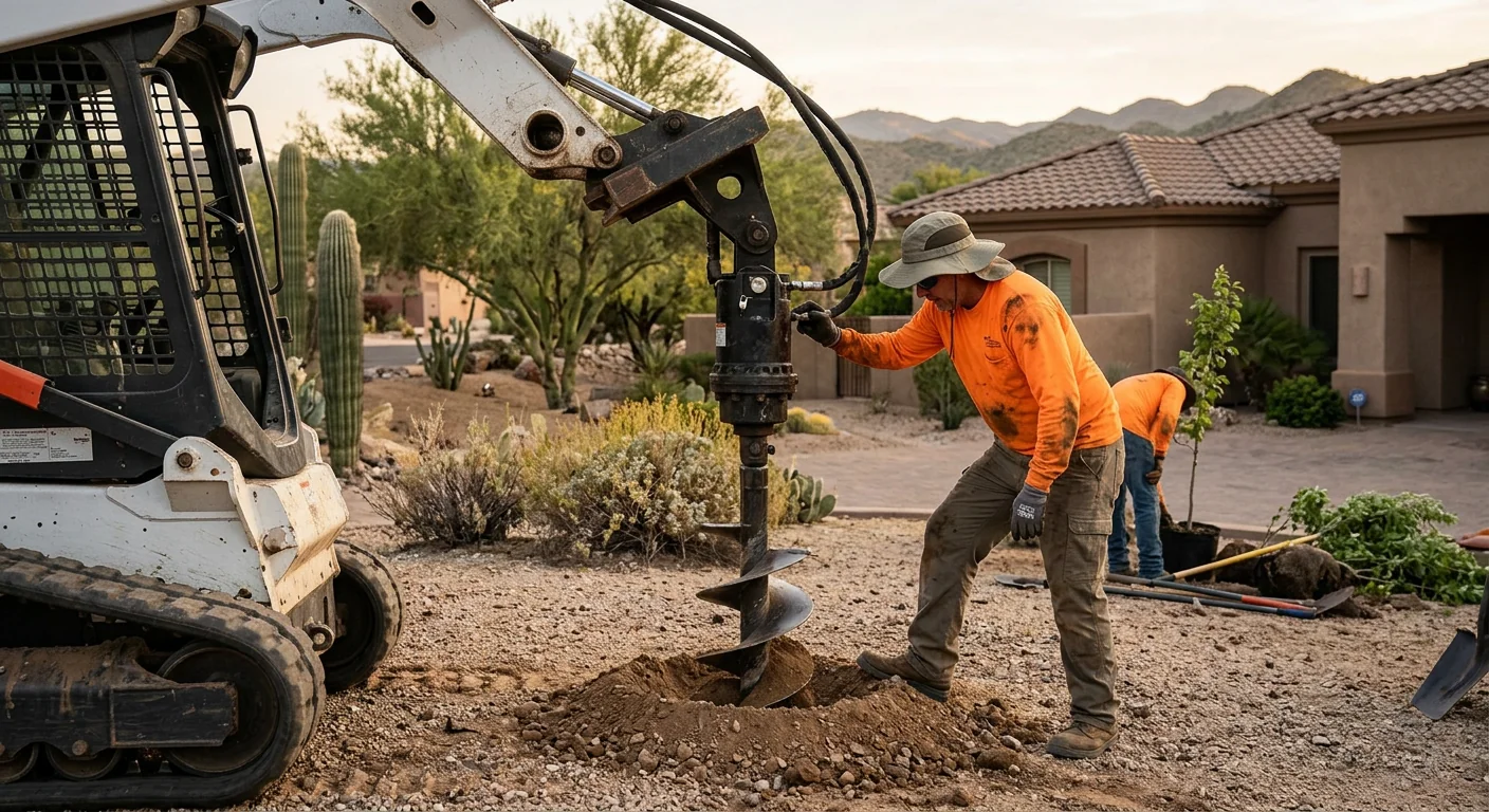 Auger equipment digging planting holes on a residential desert property