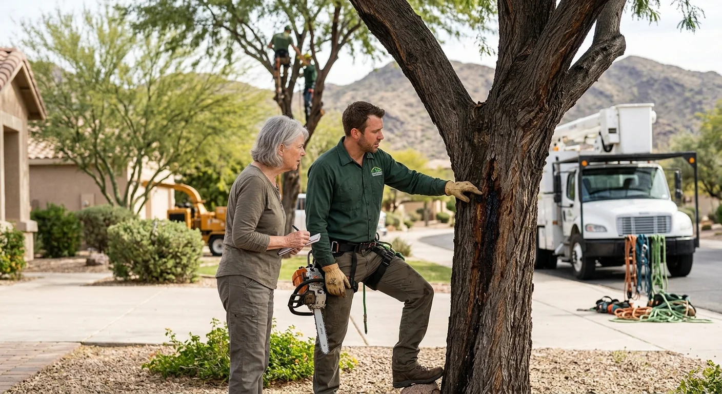 Arborist checking root flare and soil at planting