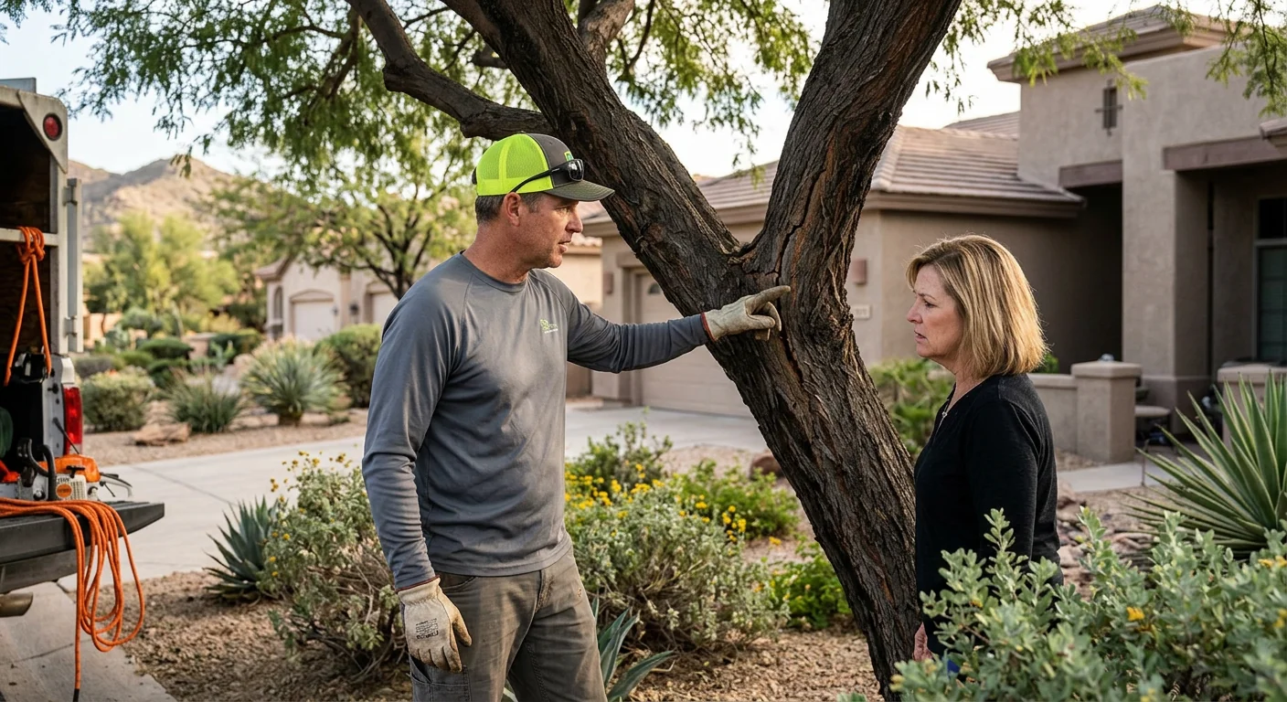 Arborist pruning a mature desert tree canopy on a Fountain Hills property