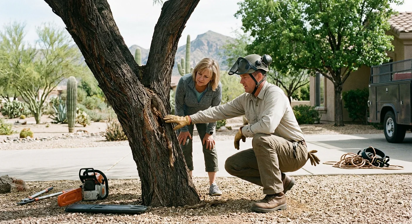 Arborist making a precise pruning cut on a desert tree canopy in Fountain Hills