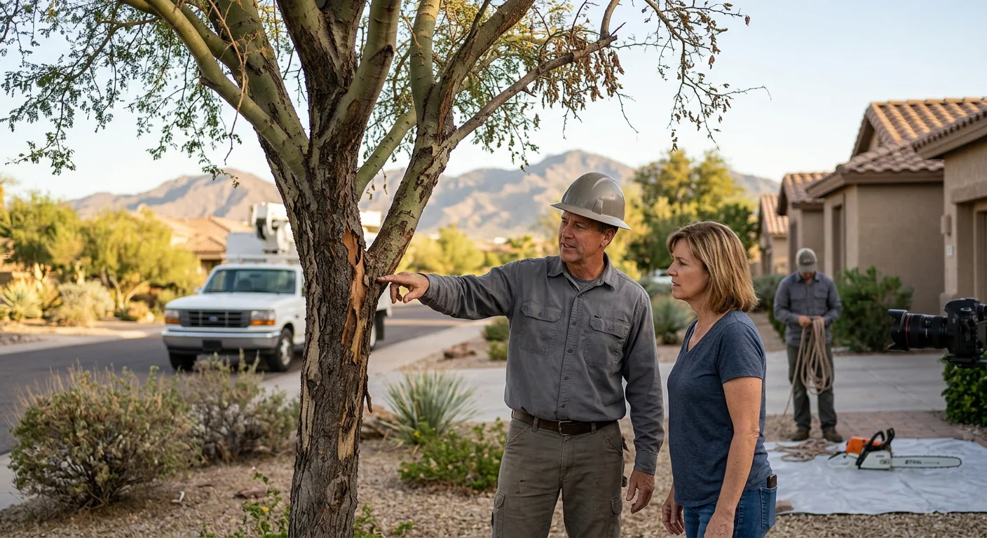 Cracked branch union and deadwood in a desert tree canopy needing pruning
