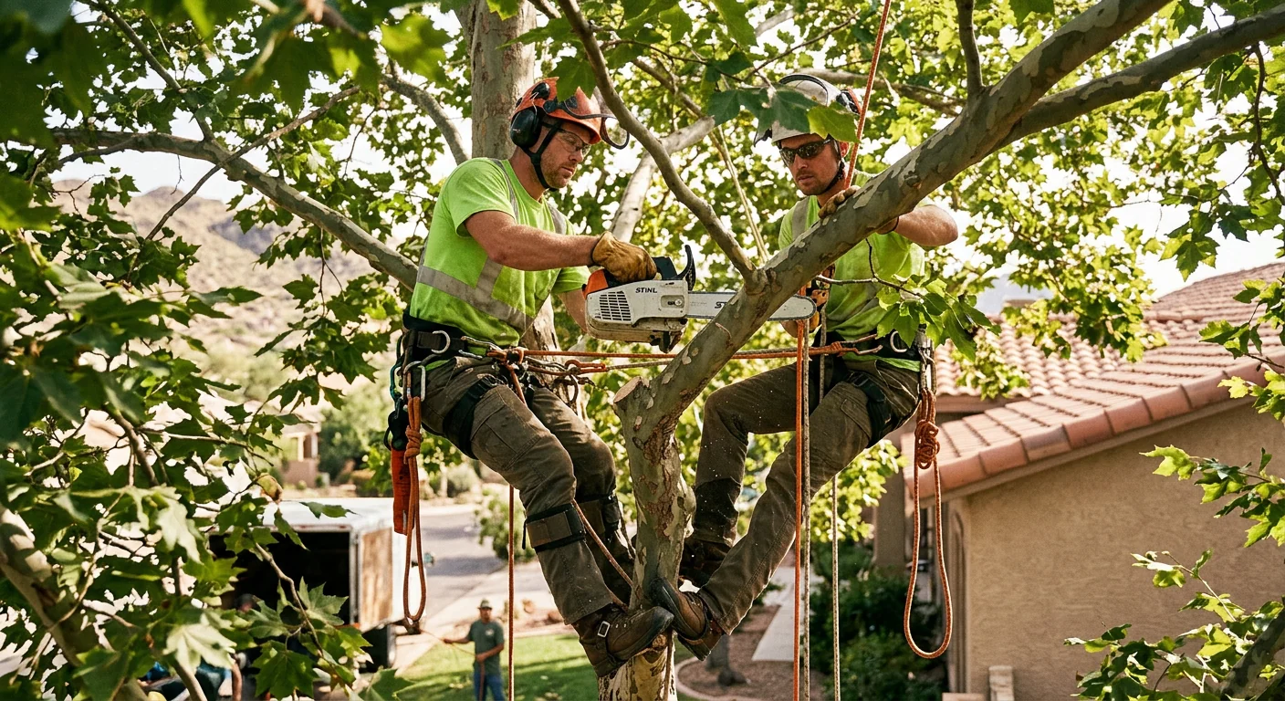 Arborist making a selective thinning cut on a mature shade tree canopy