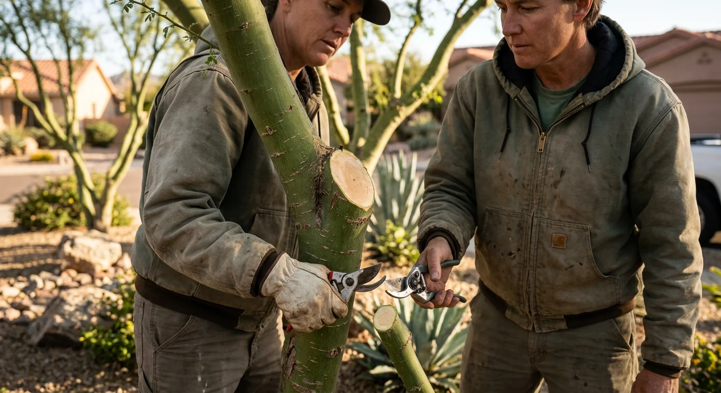 Close-up of proper collar pruning cut on a palo verde branch in Fountain Hills
