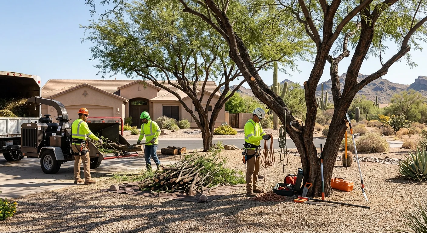 Wide shot of a residential desert yard with freshly pruned mesquite trees
