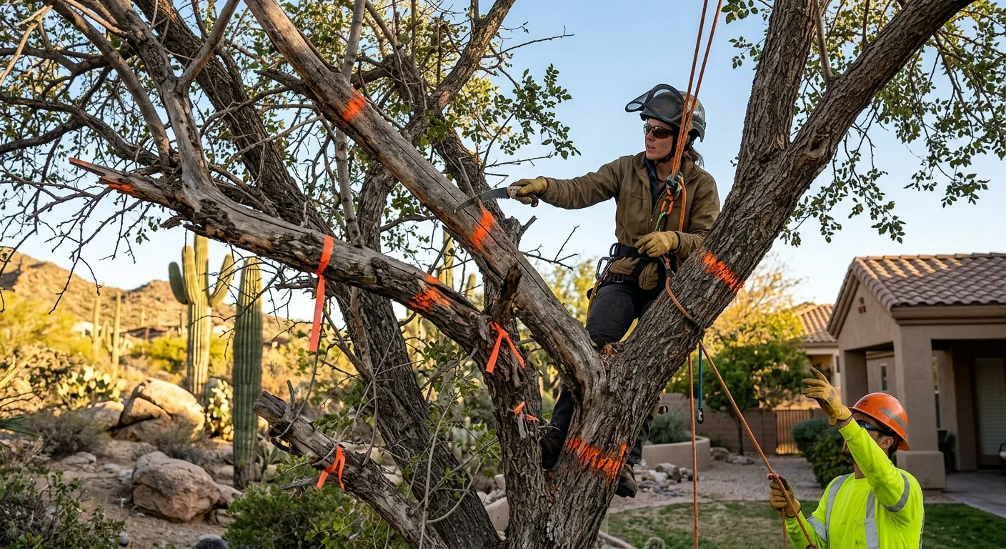 Deadwood and crossing branches marked for removal during a canopy inspection