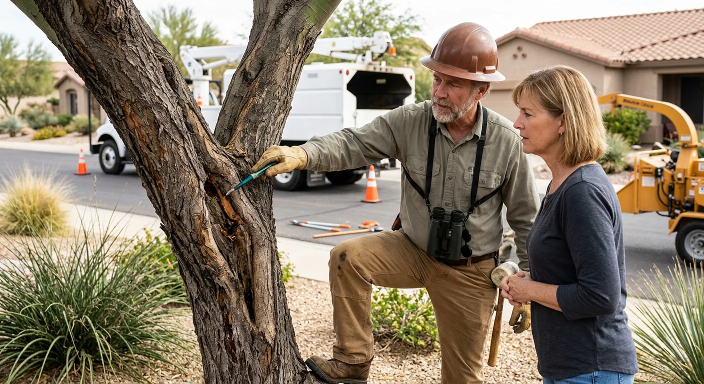 Homeowner reviewing pruning results during a post-job walkthrough