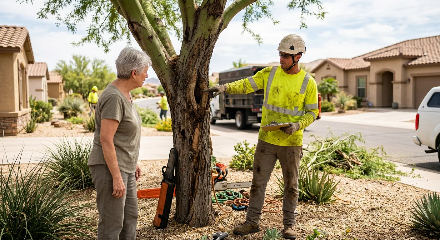 Arborist evaluating a large tree before removal on a Fountain Hills desert property