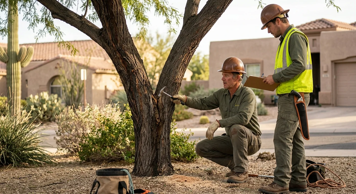 Arborist sectionally dismantling a large tree near a desert home in Fountain Hills
