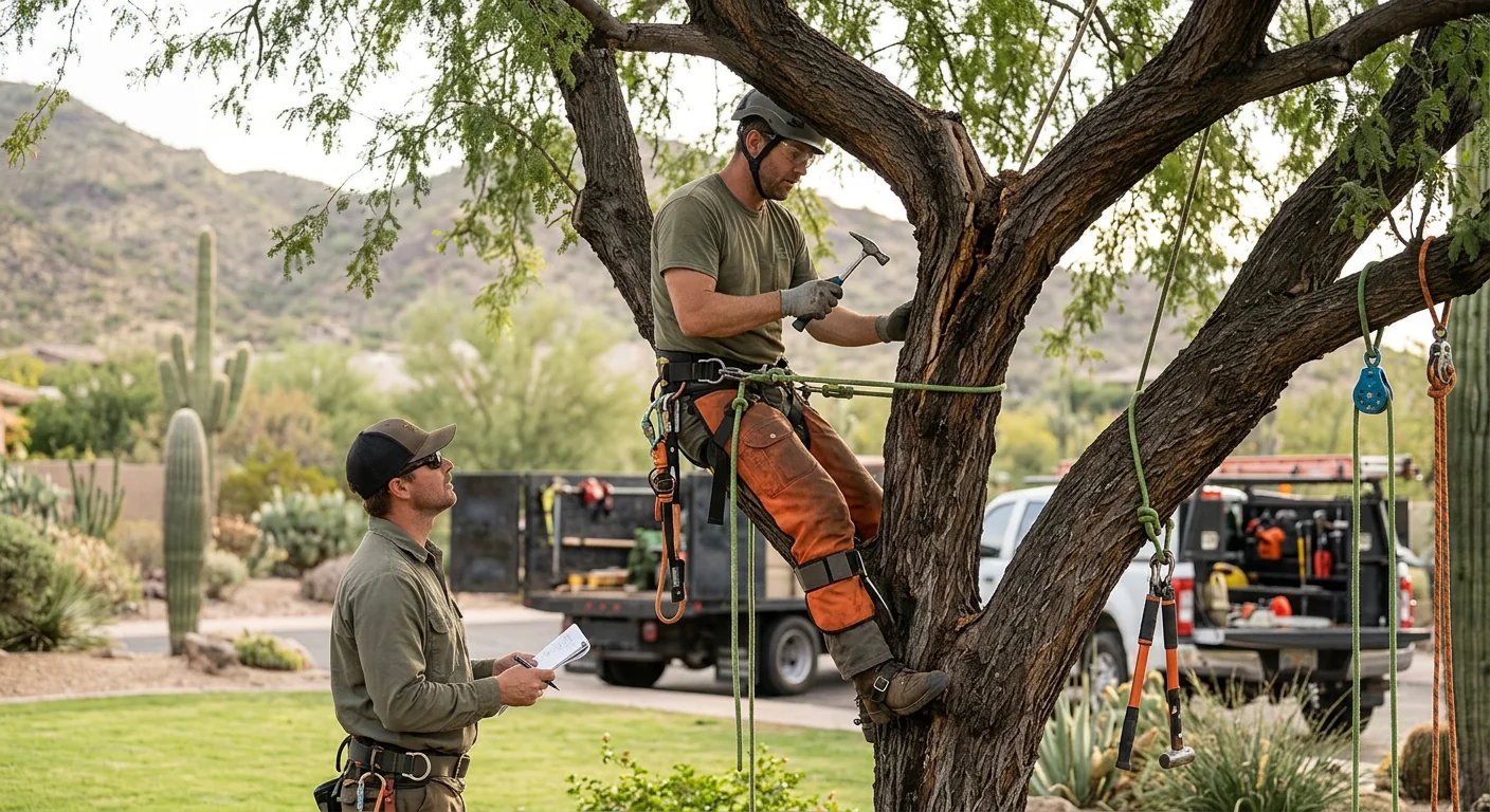 Leaning tree with cracked trunk and root heave threatening a Fountain Hills home
