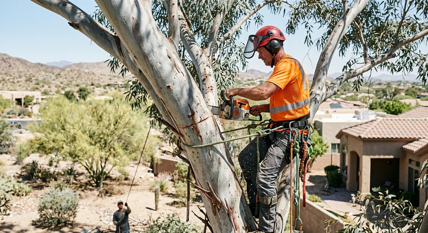 Arborist making a sectional cut high in a tall eucalyptus during removal