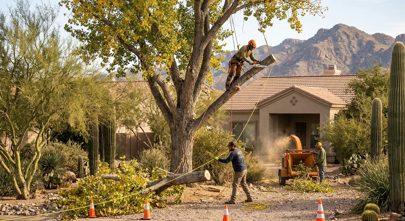 Wide view of a backyard removal site with rigging lines and drop zone in Fountain Hills