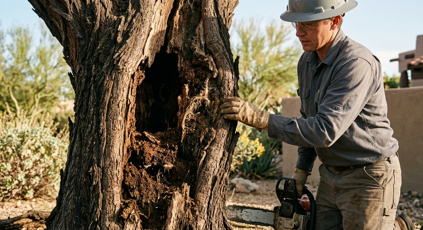 Close-up of a hollow decayed trunk section revealing internal rot before cutting