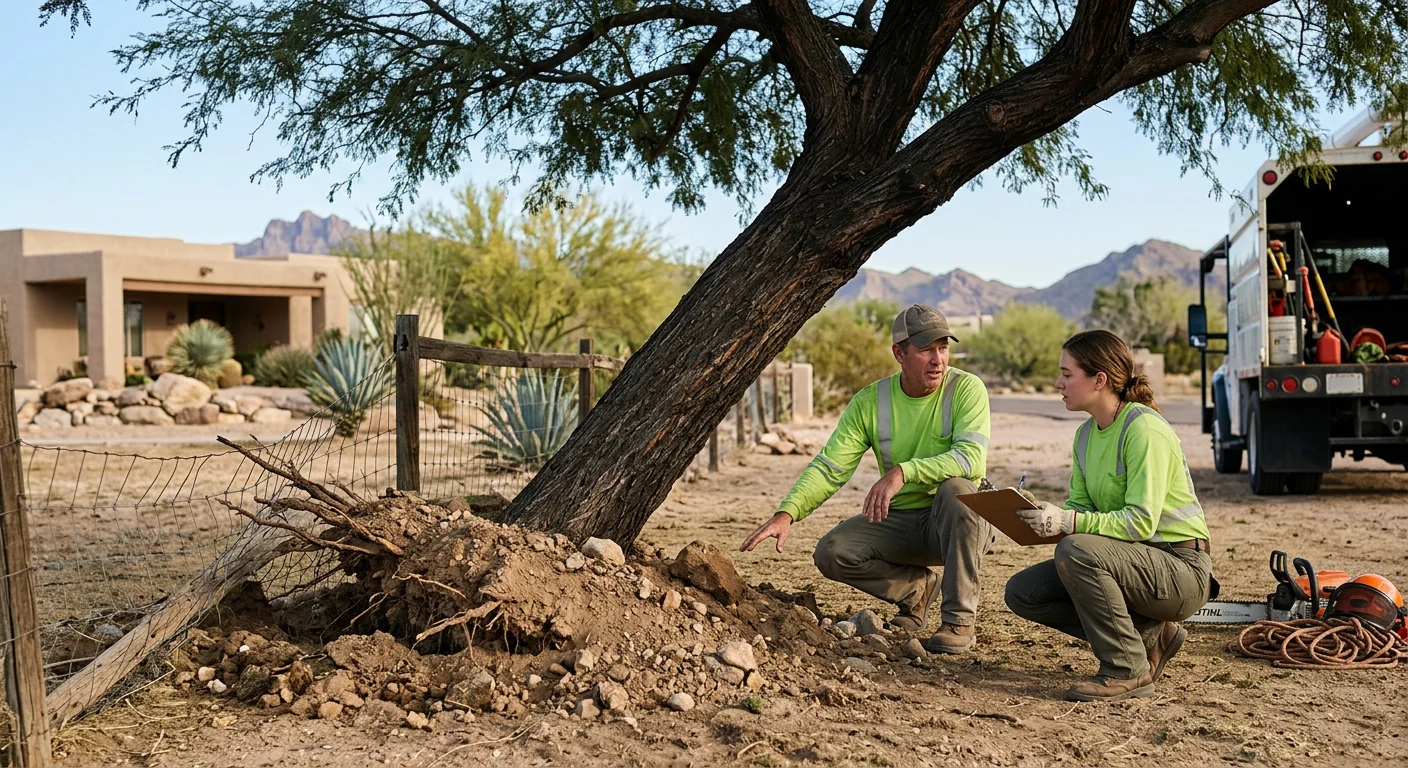 Leaning mesquite with visible root heave beside a desert home fence line