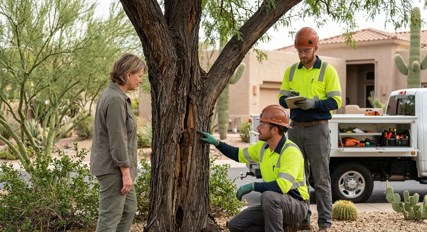 Arborist inspecting trunk stability before removal