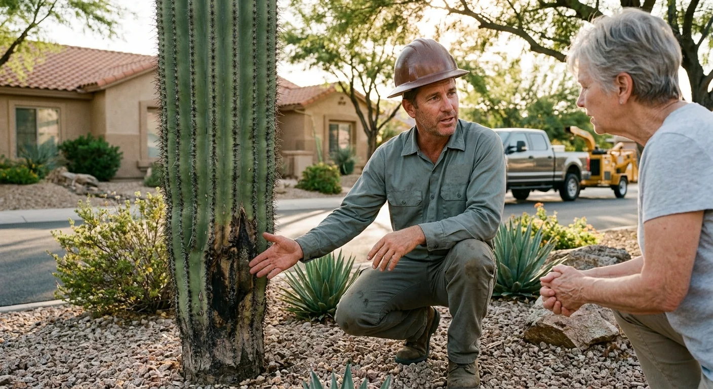 Arborist inspecting a mature desert tree for structural risk near a Fountain Hills home