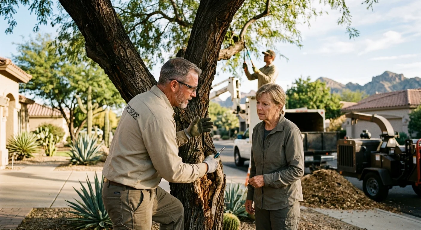 Arborist inspecting a mature desert tree trunk for decay in Fountain Hills
