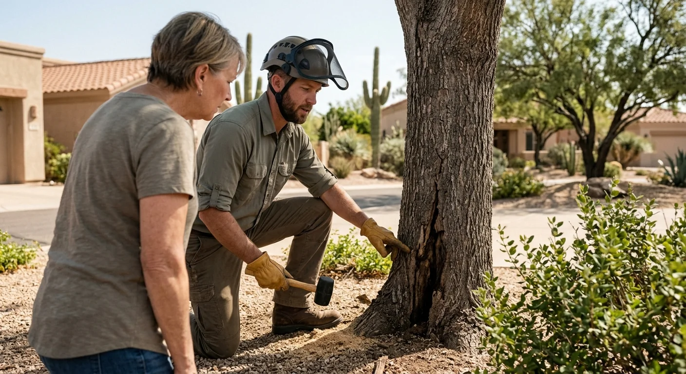 Cracked and leaning tree limb showing decay near a Fountain Hills home