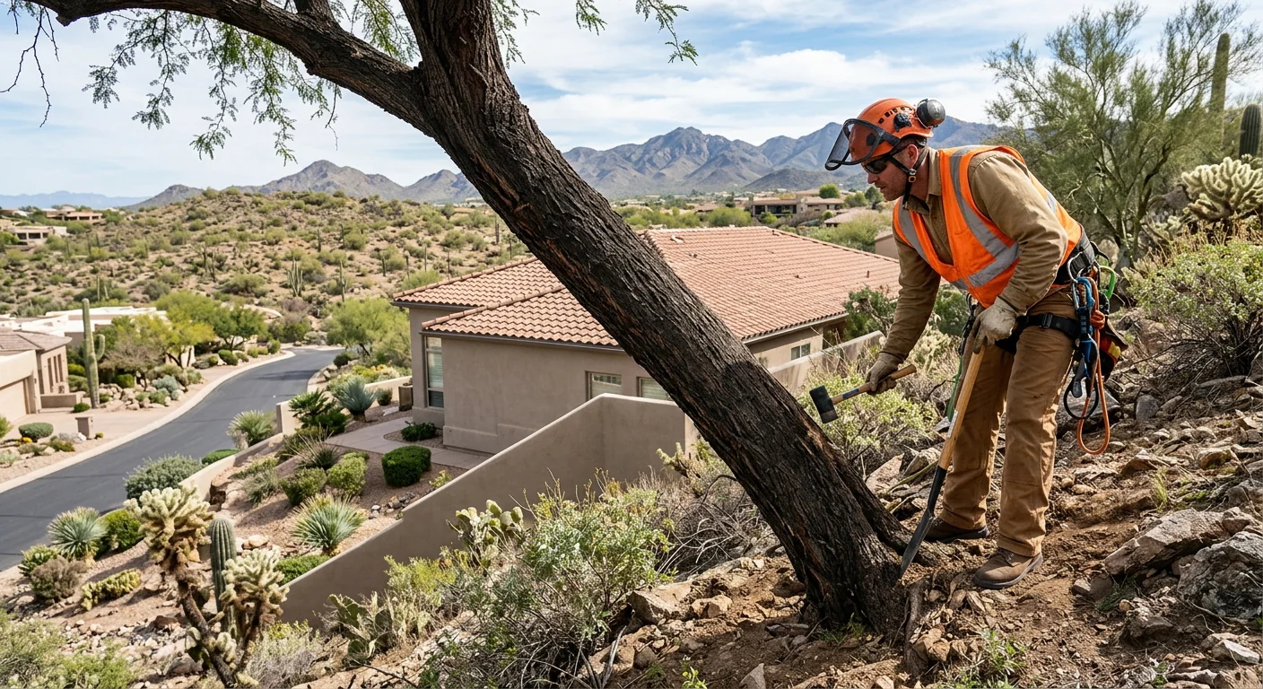 Arborist inspecting a leaning mature tree trunk on a Fountain Hills hillside property