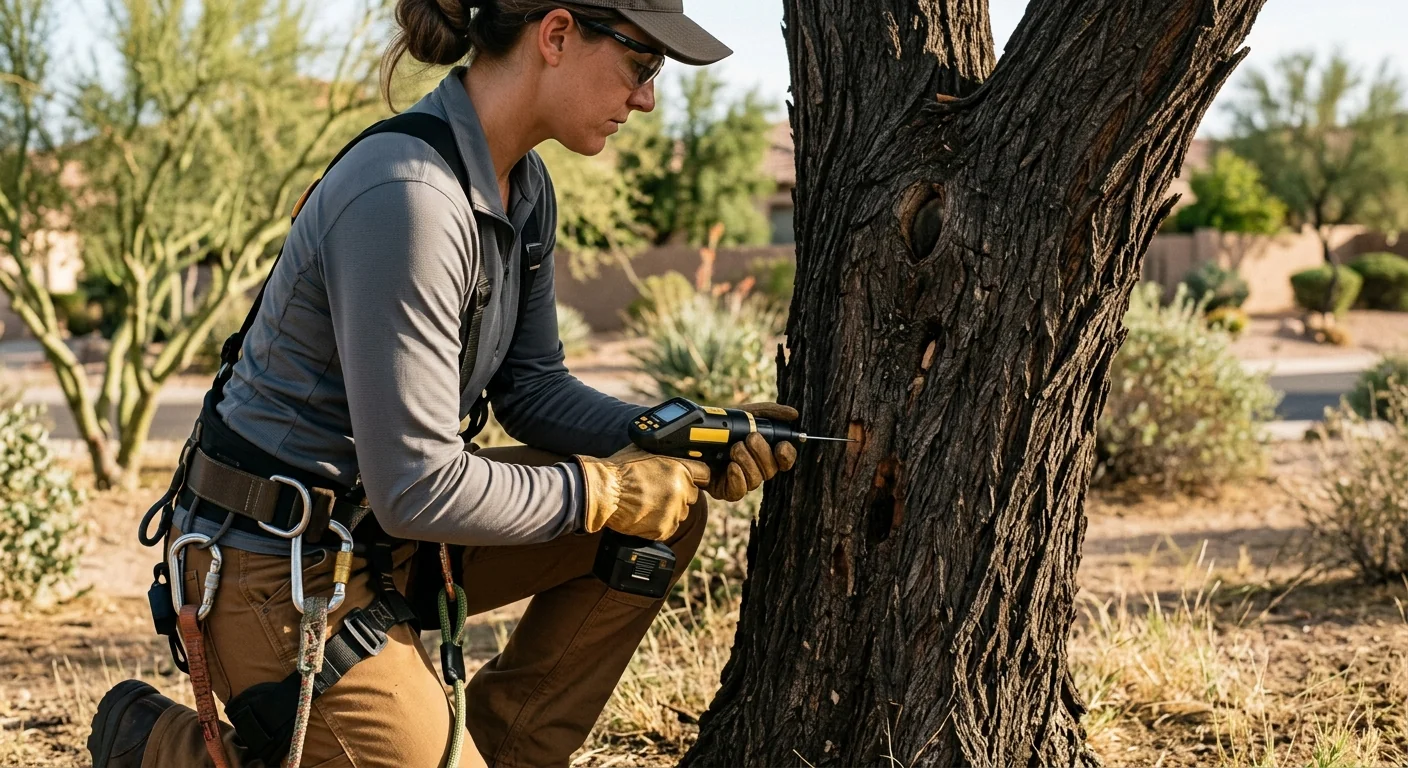Specialist using resistance drilling tool to check trunk wood density