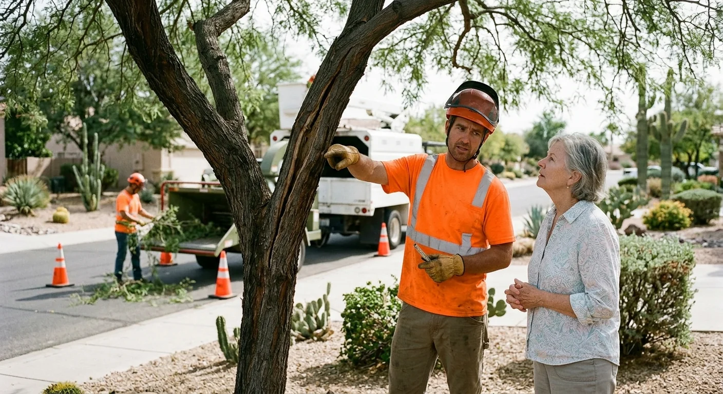 Tree service team assessing mature trees on a Fountain Hills property