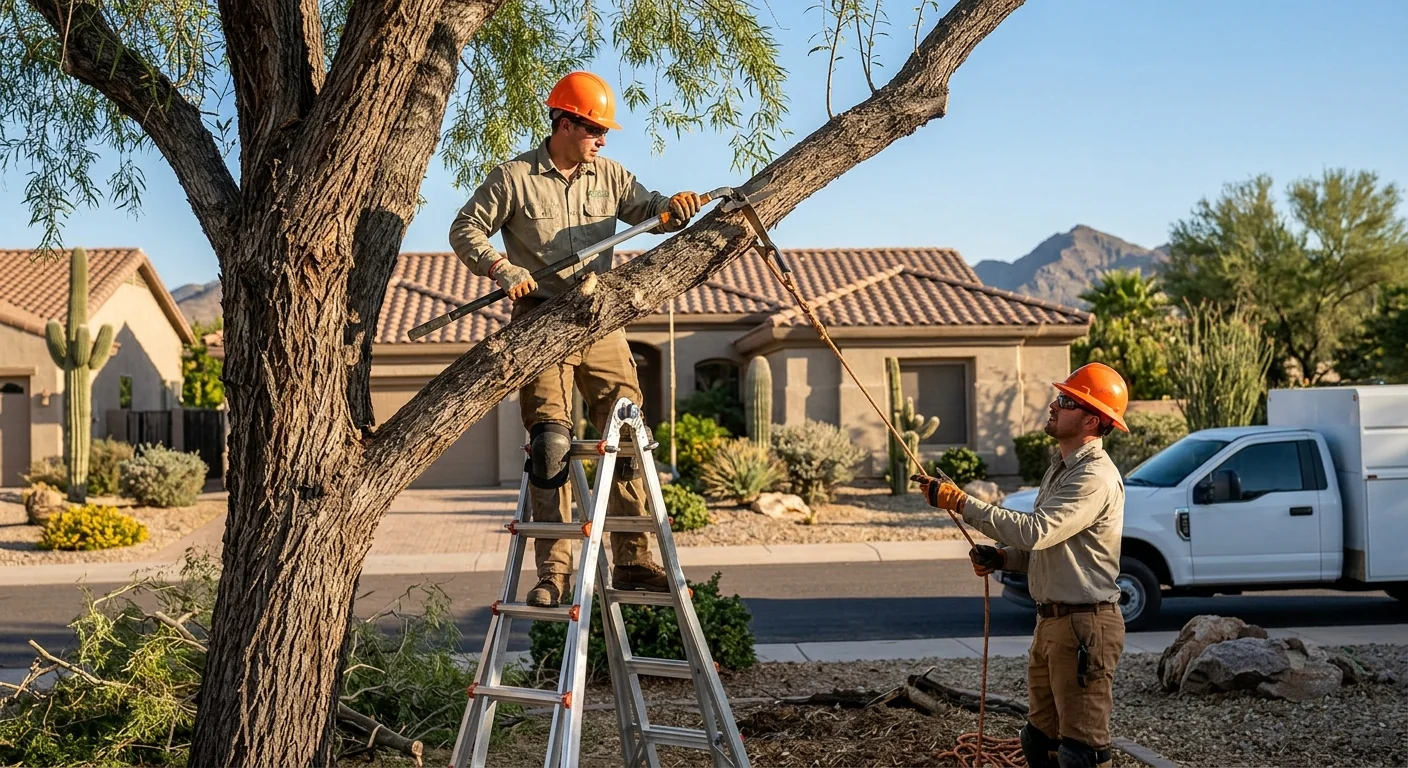 Arborist inspecting a mature desert tree canopy on a Fountain Hills property