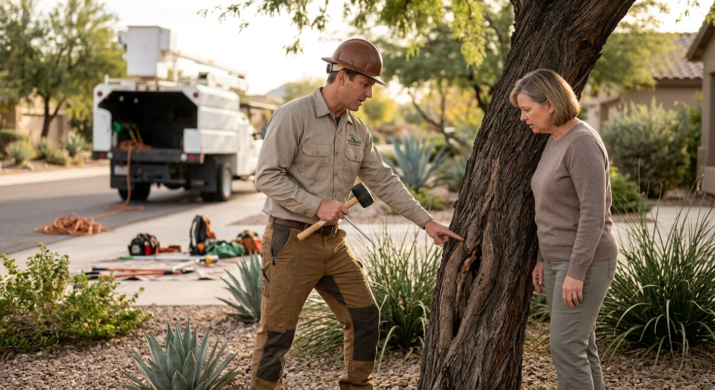Tree specialist reviewing inspection notes with a homeowner beside a mature shade tree