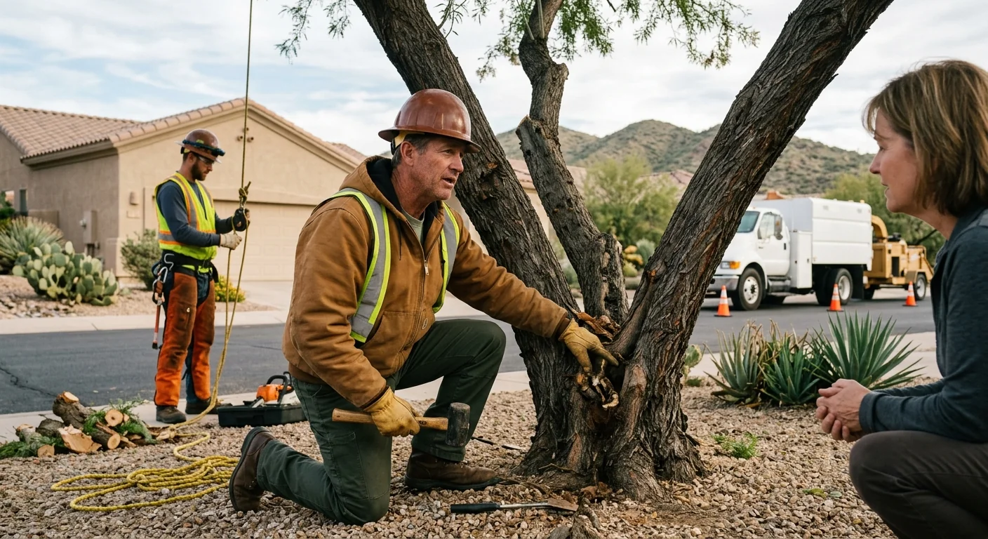 Arborist reviewing tree condition with homeowner during a Fountain Hills property consultation