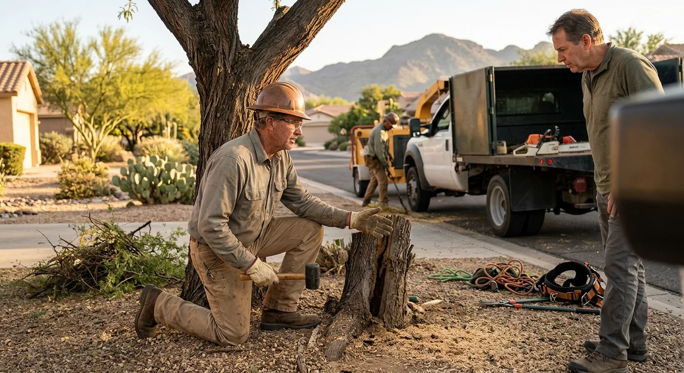 Homeowner calling a tree service crew to schedule a property assessment