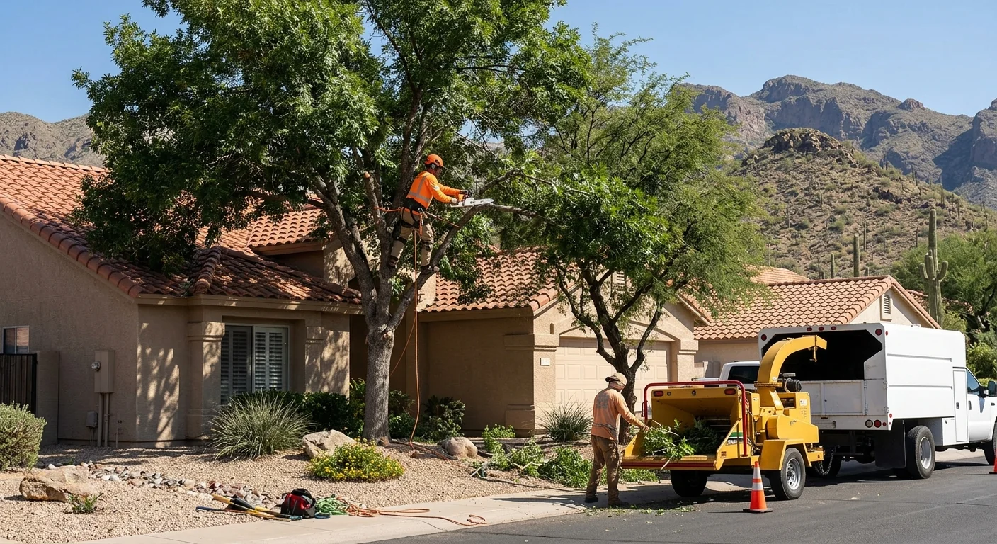 Overgrown desert trees leaning toward a home roof in Fountain Hills