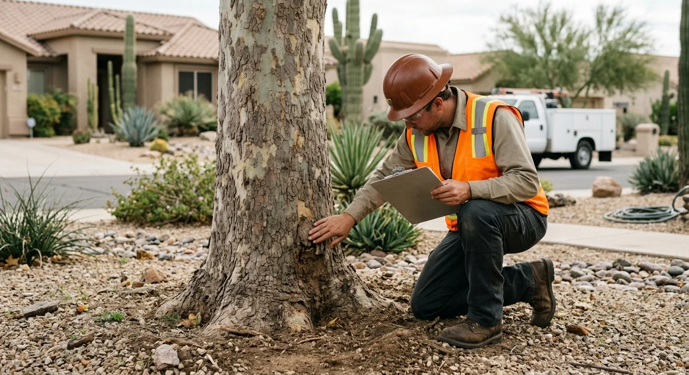 Technician inspecting trunk and root flare during a tree risk assessment