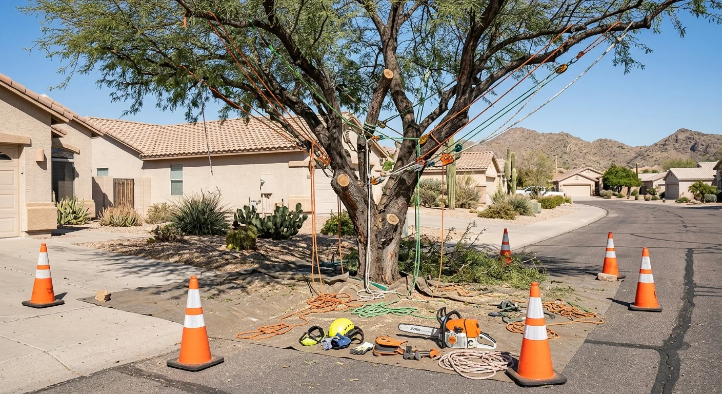 Rigging lines and equipment staged for tree pruning work in a desert yard