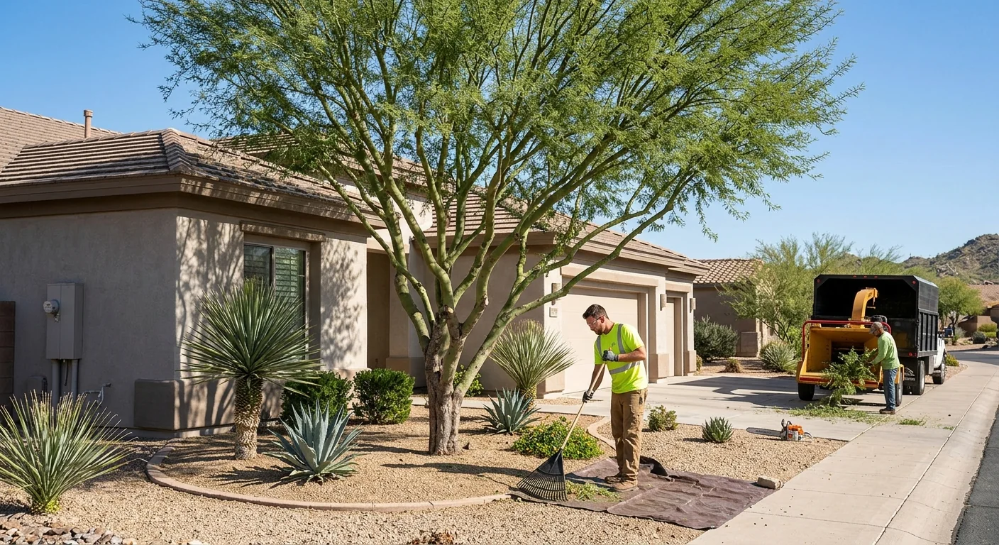 Cleanly pruned healthy tree with balanced canopy beside a desert home