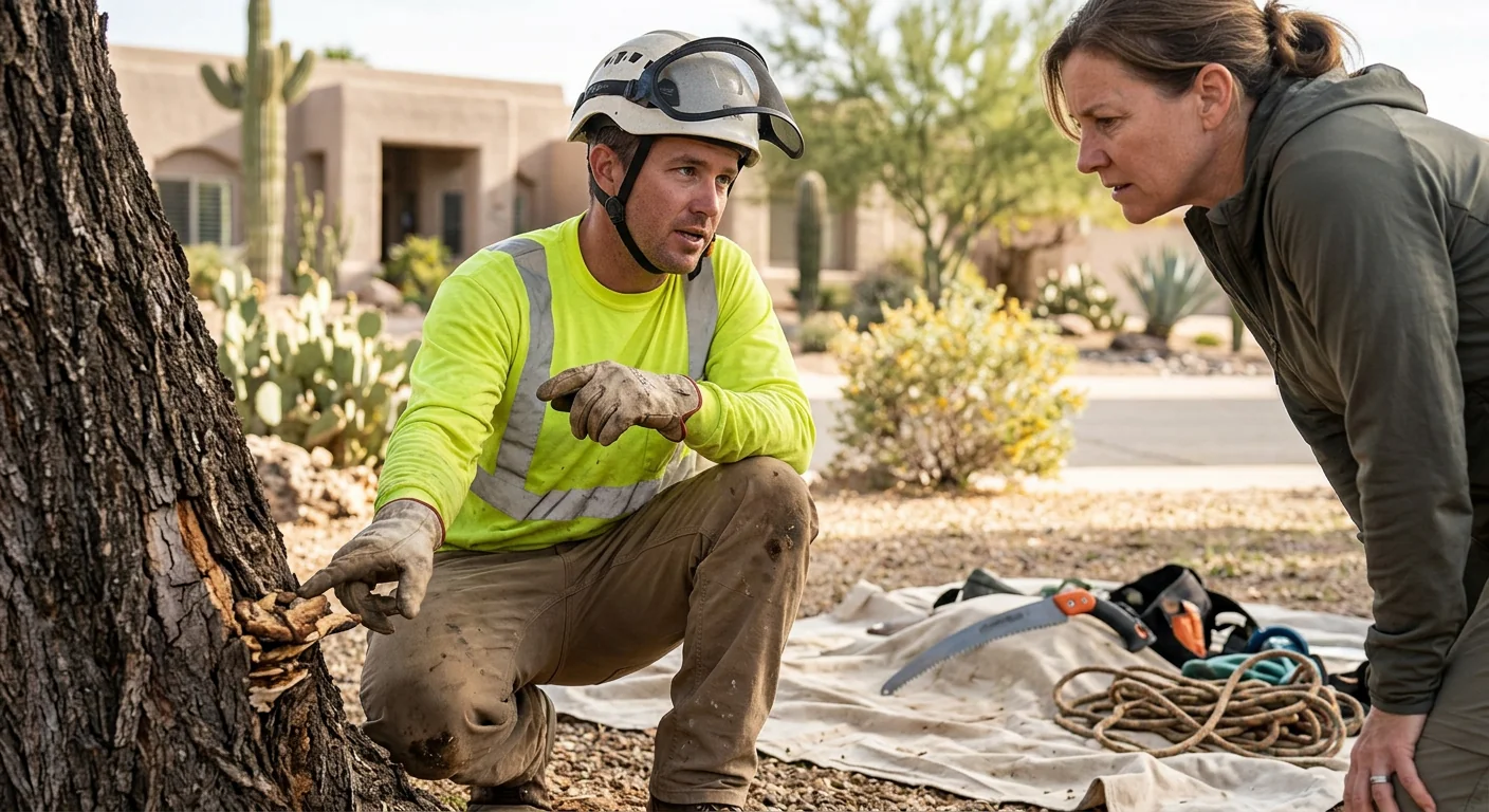 Tree service crew responding to a storm-damaged limb at a Fountain Hills home