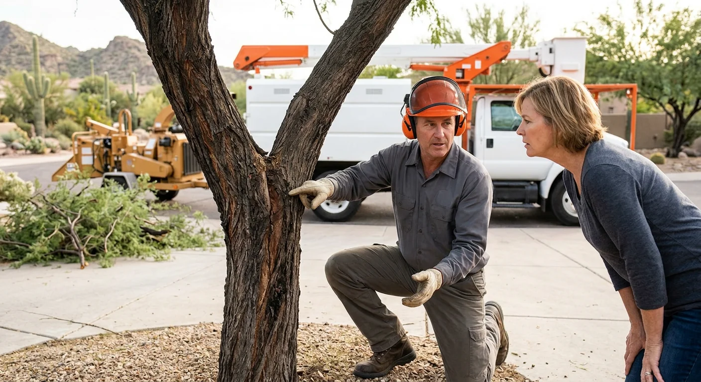 Tree service crew inspecting rigging and safety gear before a removal in Fountain Hills