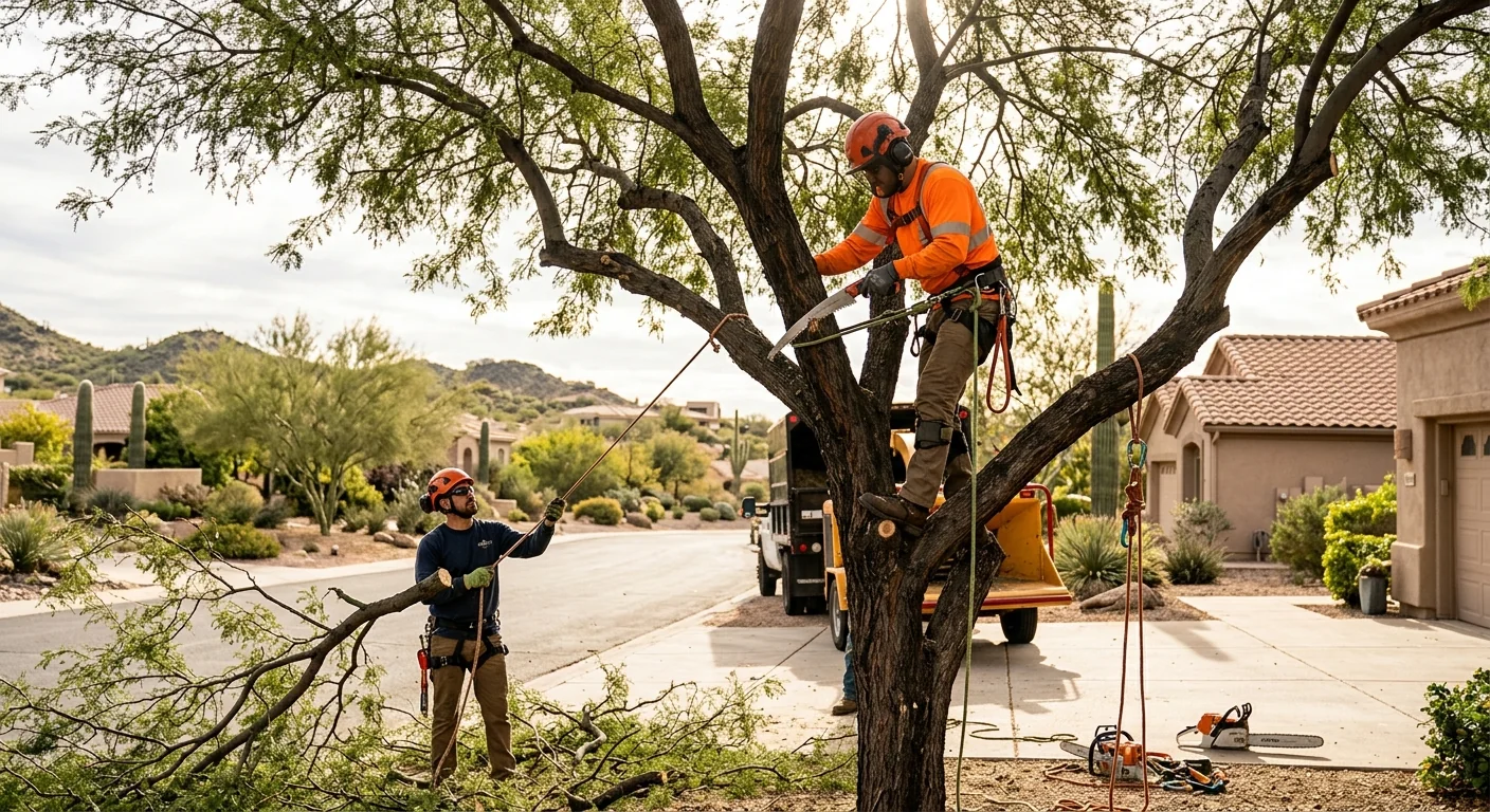 Crew performing structural pruning on a large tree in Fountain Hills
