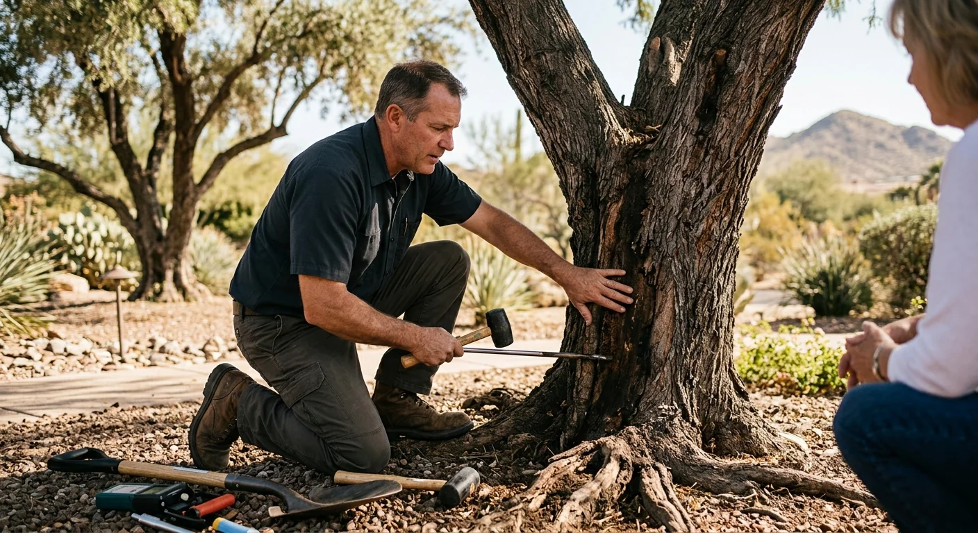 Technician evaluating trunk decay and root health during a tree inspection