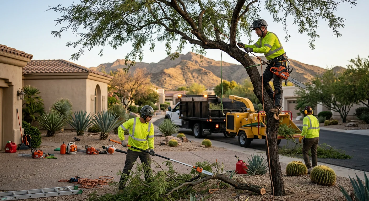 Arborist reviewing tree trimming estimate with homeowner in a Fountain Hills backyard