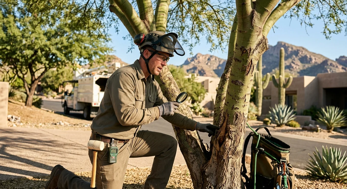 Arborist trimming a mature desert tree canopy at a Fountain Hills home