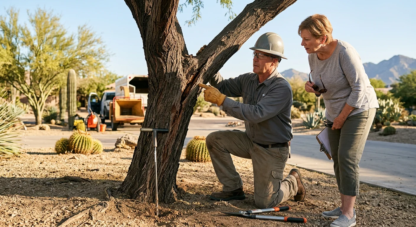 Overgrown desert tree limbs pressing against a Fountain Hills home roofline