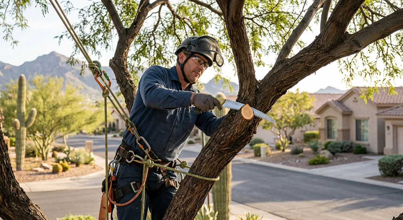 Arborist making a directional pruning cut on a mature desert tree canopy