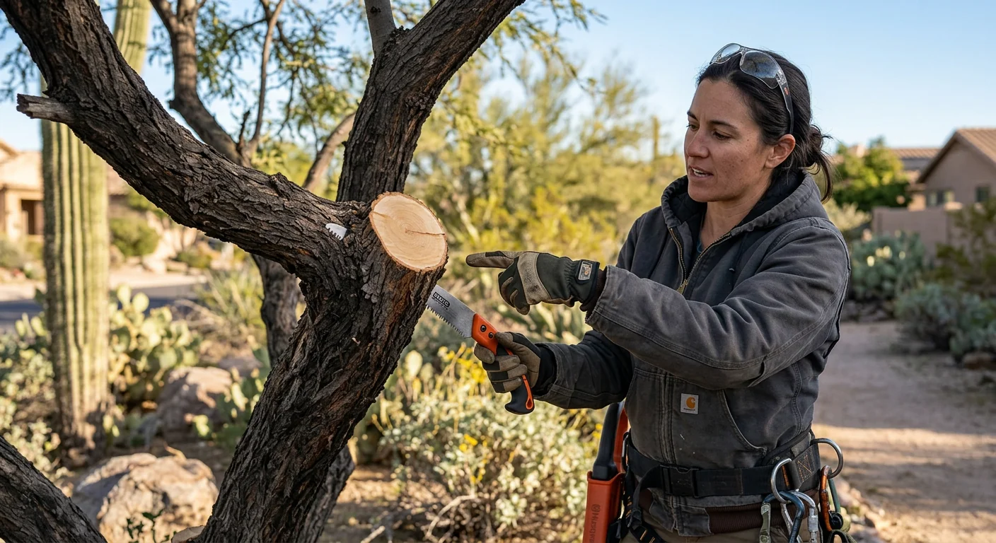 Close-up of clean pruning cut at branch collar on a mesquite limb