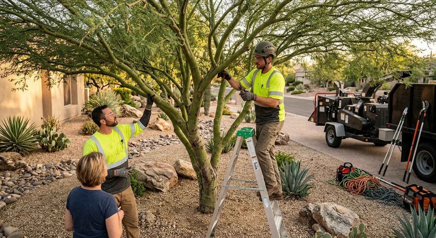 Wide view of trimmed palo verde canopy over a Fountain Hills desert yard