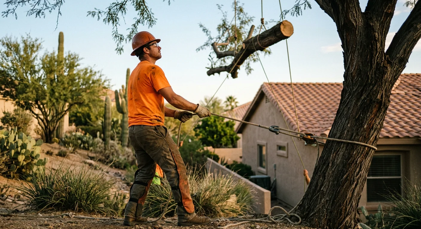 Crew member using rigging ropes to lower a large limb safely